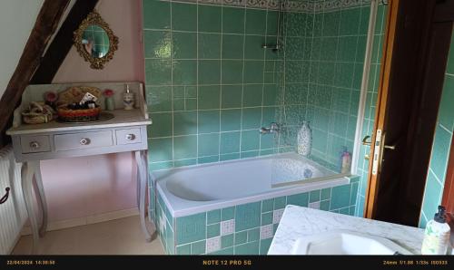 レ・ゼイジー・ド・タヤックにあるChambres d'Hôtes & Gites Pougetの緑のタイル張りのバスルーム(バスタブ付)