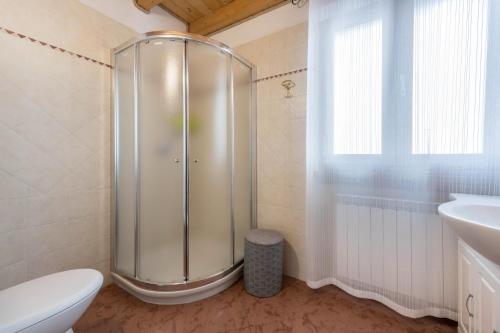 y baño con ducha, aseo y lavamanos. en Residence Tatiana B3, en Tremosine Sul Garda