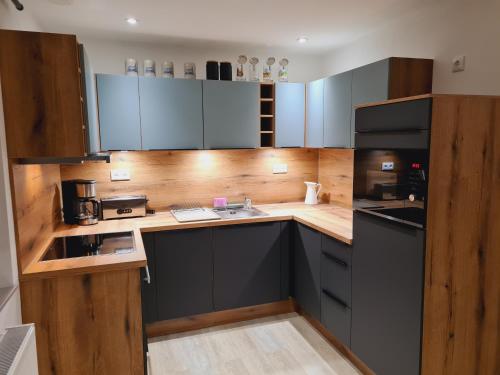 a kitchen with blue cabinets and a sink at Ferienwohnung - Zum alten Fritz - Suhl, 2 Schlafzimmer, 2 Terrassen in Suhl