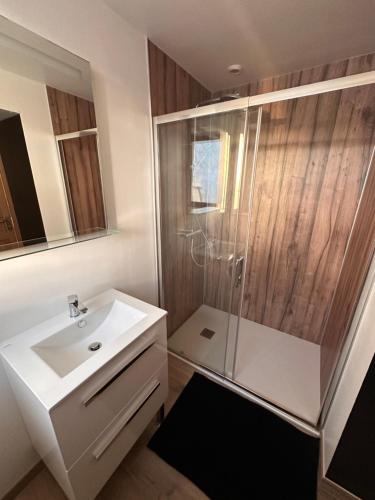 une salle de bain avec un lavabo et une douche dans l'établissement Gîte Cotentin Sweet Home, à Blosville