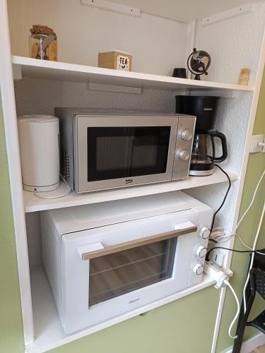 un micro-ondes posé sur une étagère dans une cuisine dans l'établissement Studio vert tout équipé wifi, au Creusot