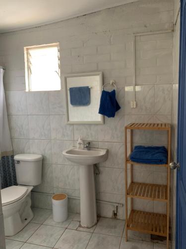 La salle de bains blanche est pourvue d'un lavabo et de toilettes. dans l'établissement SOL DE LA PALMA, à Quillota