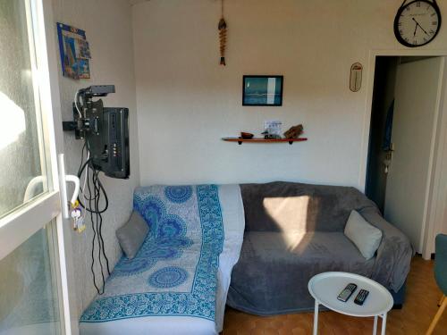uma sala de estar com um sofá e uma mesa em saint cyprien plage em Saint-Cyprien