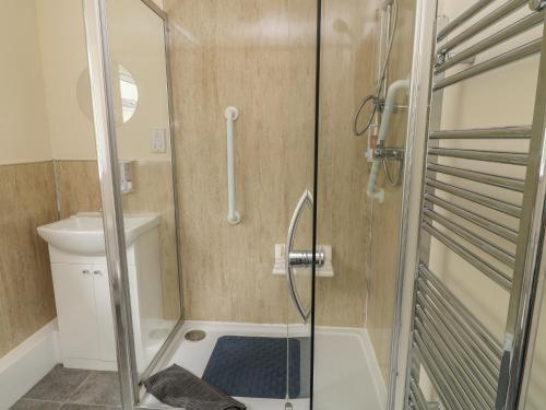 baño con ducha, aseo y puerta de cristal en Broadlands Bungalow en Chard