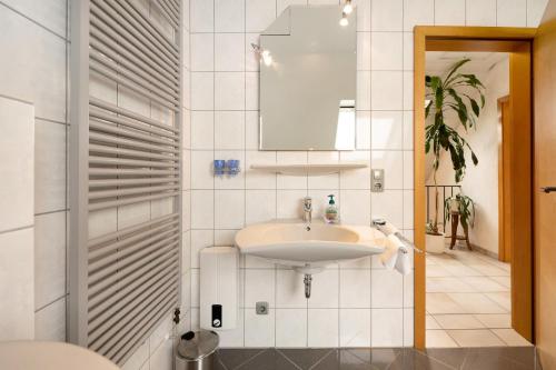 a bathroom with a sink and a mirror at Ferienwohnung Steffen in Trier
