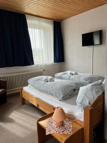 a bedroom with two twin beds and a television at Goldener Loewe in Wunsiedel