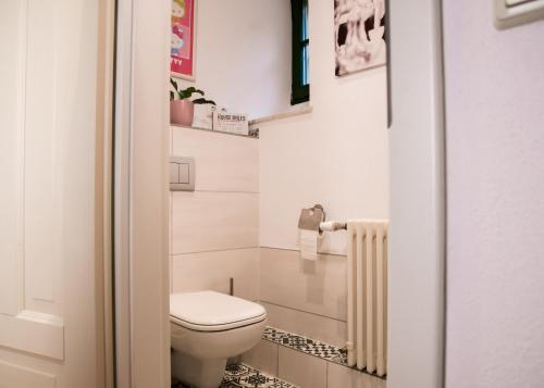 a small bathroom with a toilet and a radiator at Weinberg 100 in Dresden