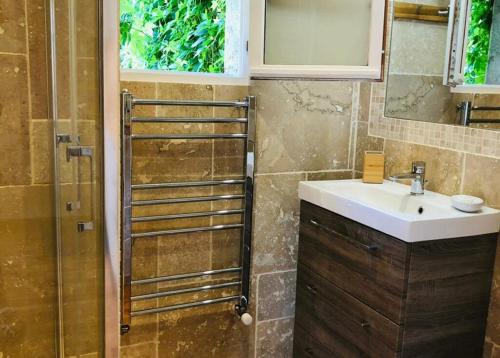 uma casa de banho com um lavatório e um chuveiro em les crins de la renardière em Villeveyrac
