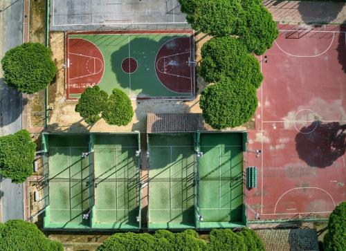 an overhead view of a tennis court and trees at Villa Escocia, entre pinares y a pie de playa in Roche