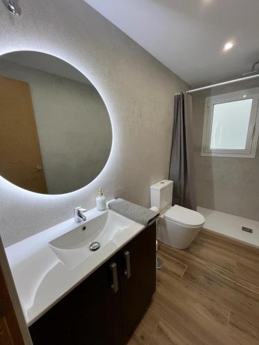 a bathroom with a sink and a toilet and a mirror at Apartamento Oasis Mediterráneo in San Vicente del Raspeig