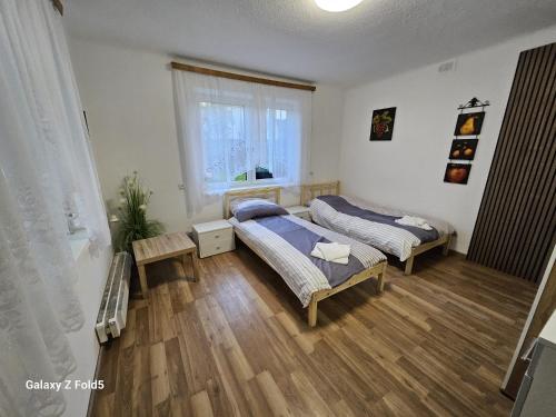 two beds in a room with a window at Pension DonauBlick Grein 1 , Spitzfeldstr 1 in Grein