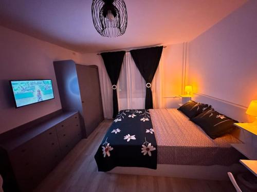 een slaapkamer met een bed en een tv. bij Luna Apartament in Timişoara