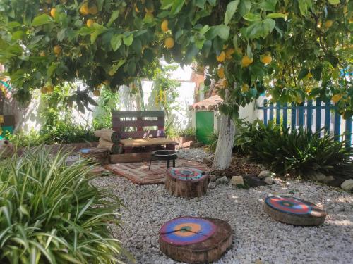 a garden with logs and a bench under an orange tree at El molino del abuelo in Montecorto