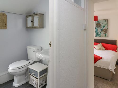 a bathroom with a toilet and a sink and a bed at Ty-Clyd in New Quay