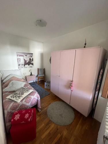 a bedroom with a large pink refrigerator next to a bed at Casa Zio Zeffy in Châtillon