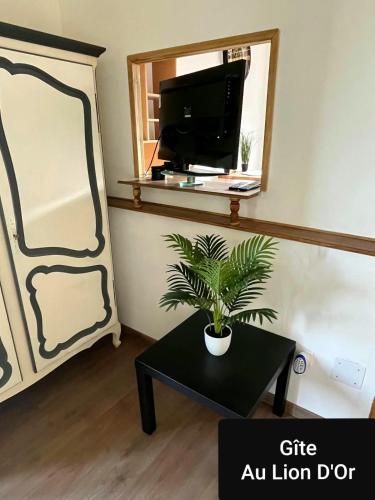 un salon avec une plante en pot sur une table dans l'établissement Au Lion d'Or, à Les Roches-lʼÉvêque