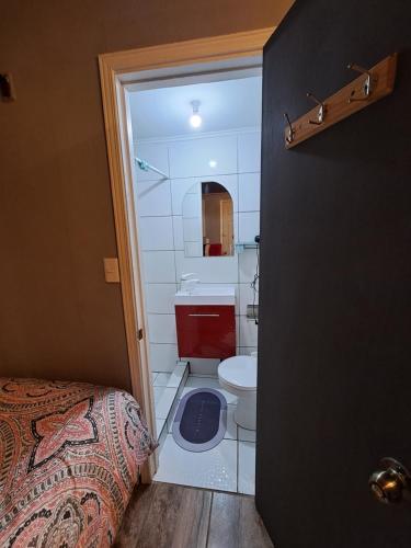 a small bathroom with a toilet and a sink at HOSTAL EL AROMO☆ in Chillán