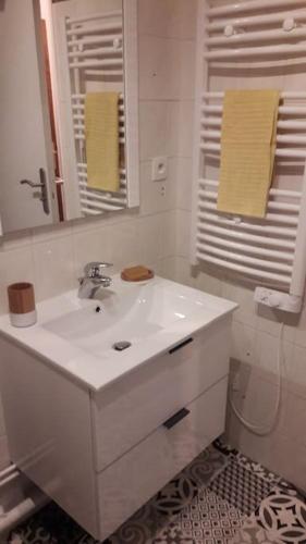 une salle de bain blanche avec un lavabo et un miroir dans l'établissement Appartement design Orléans classé 3 étoiles, à Orléans