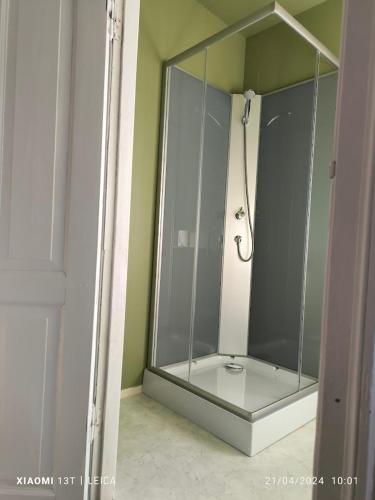 a shower with a glass enclosure in a bathroom at Happy-Cove Guesthouse - by the sea in Bakkafjörður