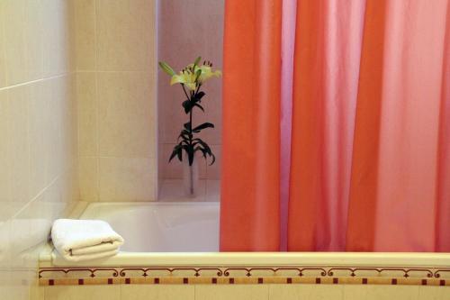 a bathroom with a shower with a vase of flowers in the tub at Hotel Levante in Guardamar del Segura