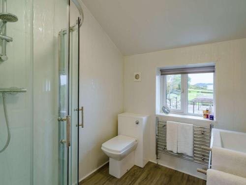 a bathroom with a toilet and a shower and a window at 1 bed in Cartmel 85499 in Cark