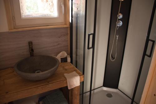 La salle de bains est pourvue d'un lavabo et d'une douche. dans l'établissement L'orée du bois gaubau, à Saint-Georges-sur-Layon