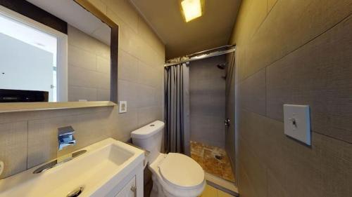 a bathroom with a toilet and a sink and a shower at 1-31 Excellent Location, Walk Everywhere Sleeps 3 in Boston