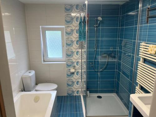 La salle de bains est pourvue d'une douche, de toilettes et d'un lavabo. dans l'établissement Celý dům + zahrada, à Pardubice
