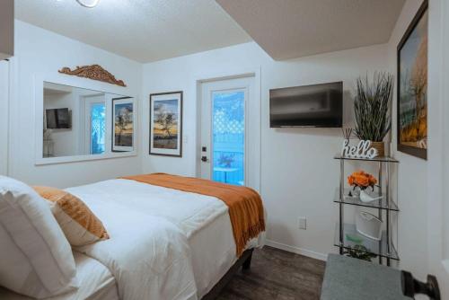 een slaapkamer met een bed en een tv aan de muur bij Cherry Lane Suite - studio ground suite w garden in Nanaimo