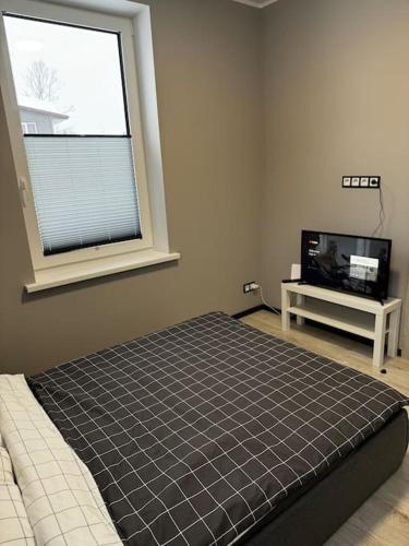 a bed in a room with a window and a tv at Raina 28 apartment in Madona