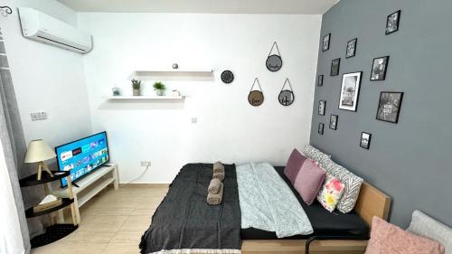 a bedroom with a bed and a flat screen tv at PMP Adamia Apartments in Peyia