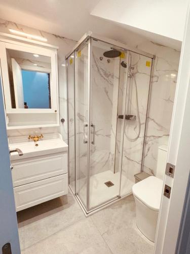 a bathroom with a shower and a toilet and a sink at Amber Holiday Home in Peniscola