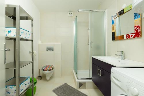a bathroom with a shower and a sink and a toilet at Svarun apartment in Bovec