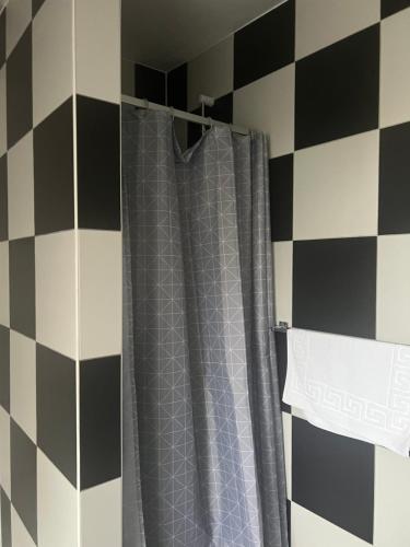 a shower curtain in a bathroom with black and white tiles at Train Station Hotel in Norwich