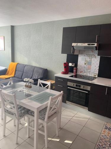 une cuisine et un salon avec une table et des chaises dans l'établissement Les sources de Marie, à Thonon-les-Bains