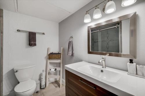 a bathroom with a sink and a toilet and a mirror at Heart of Dallas - Cozy Apt 2Bed Pool Green in Dallas