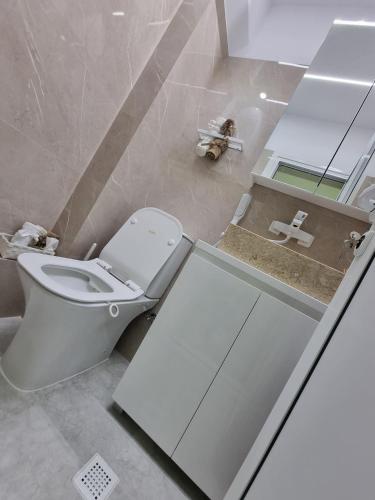 a bathroom with a white toilet and a sink at MI 5 in Ruse