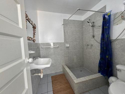 a bathroom with a shower and a sink and a toilet at Hotel Pico Alto, La Planicie in Lima