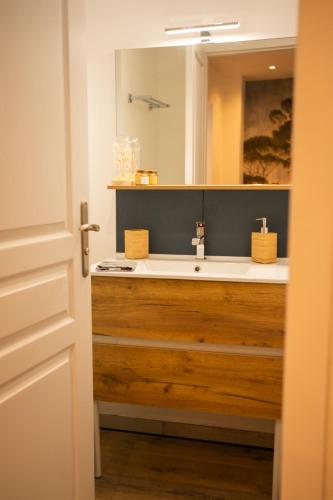 une salle de bain avec un lavabo et un miroir dans l'établissement Appartements plein centre, à 5 minutes du château, à Onzain