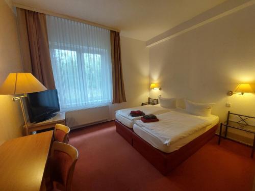 una camera d'albergo con un letto e una televisione di Hotel Waldhaus Prieros a Heidesee