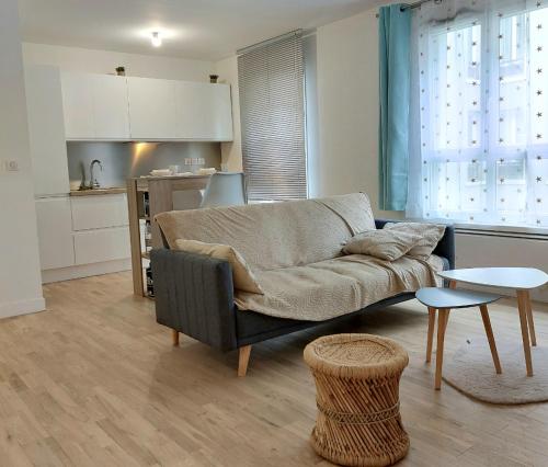 een woonkamer met een bank en een keuken bij Cosy Flat - Stade de France in Saint-Denis