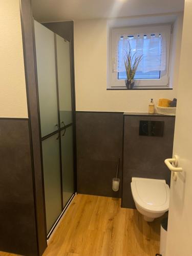 a bathroom with a toilet and a window at Ferienwohnung Lea in Bad Karlshafen