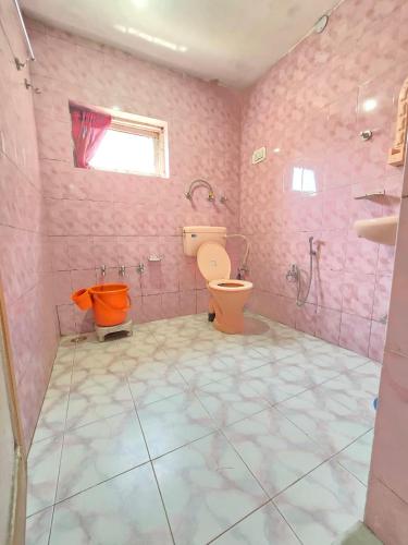 a pink bathroom with a toilet and a shower at Sona Palace in Srinagar