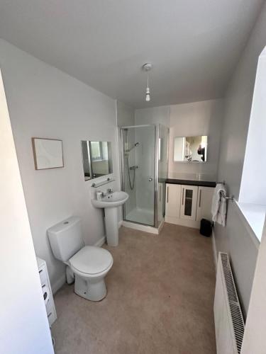 a bathroom with a toilet and a sink and a shower at Great Northern Apartment in Aberdeen