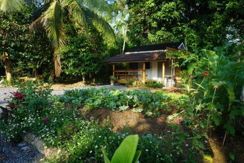 a small house in the middle of a garden at Thong Tiny House in Phatthalung