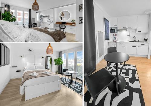 Il comprend une chambre et une cuisine avec un lit et une table. dans l'établissement Balnéo-Ciné-Centre Historique à Troyes, à Troyes