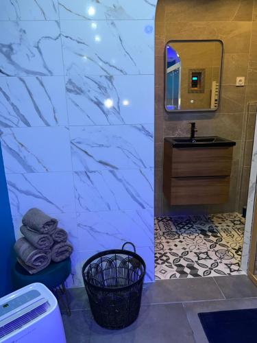 Crouy的住宿－La nuit de rêve Spa privatif Jaccuzi Sauna suite 1，一间带水槽和镜子的浴室