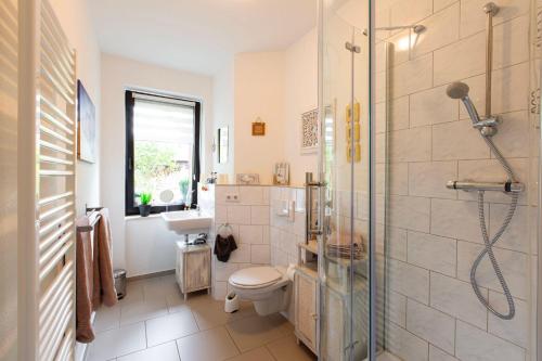 ein Bad mit einer Dusche, einem WC und einem Waschbecken in der Unterkunft Ferienwohnung am Auensee in Leipzig
