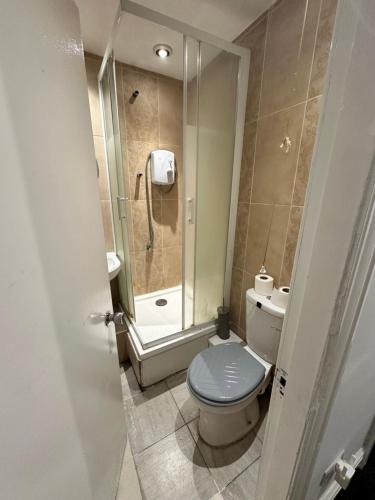 uma casa de banho com um WC e um chuveiro. em Quirky Oasis Queens em Liverpool