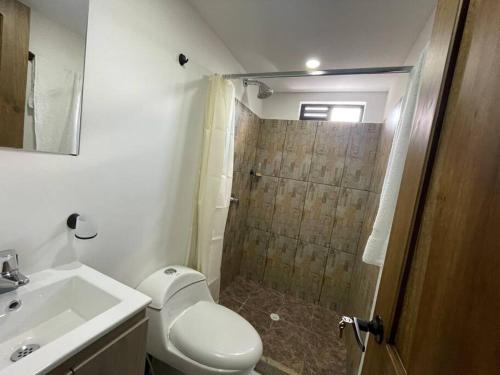 uma casa de banho com um chuveiro, um WC e um lavatório. em Apartaloft en el centro 302 em Pereira